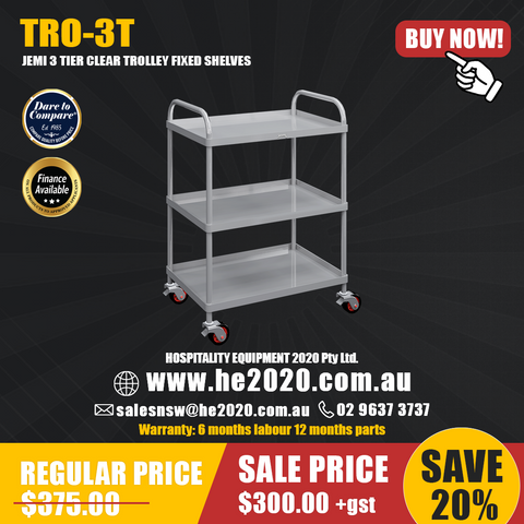 TRO-3T 3 TIER CLEAR TROLLEY FIXED SHELVES
